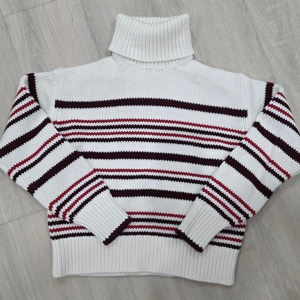 Madewell Striped Shaker Stitch Turtleneck Sweater Cream Burgundy Red NT604 XXS